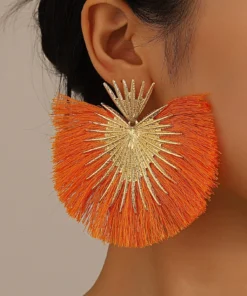 1pair Western Style Personality Retro Exaggerated Heart Shaped Fan Tassel Earrings