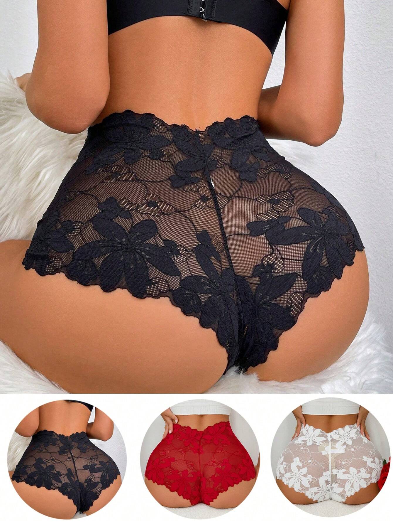 3pcs/Set Lace Design Romantic Solid Bikini Briefs For Women