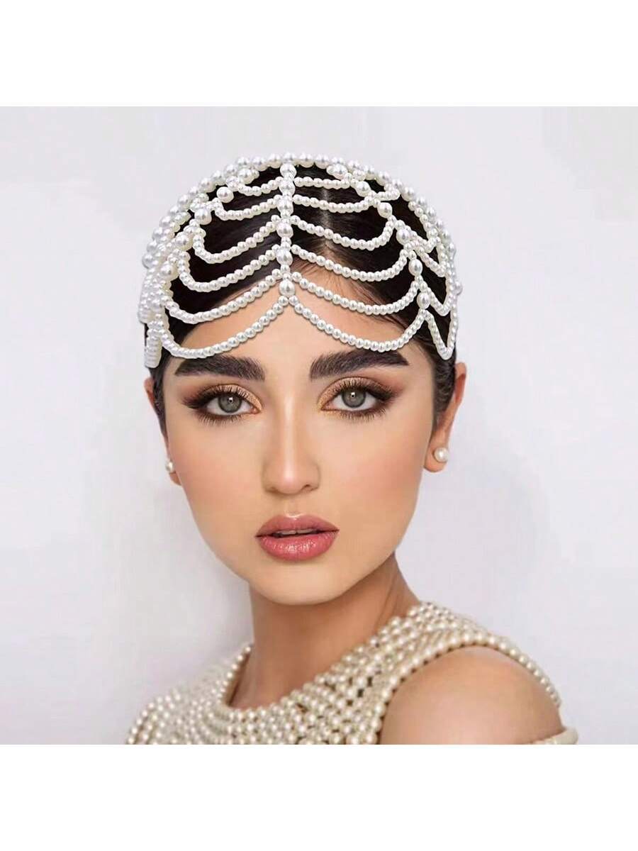 Handmade Faux Pearls Head Chain Head Jewelry For Party