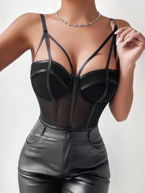 SHEIN Allurite Sexy Hollow Out Spaghetti Strap Corset Bodysuit