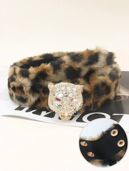SHEIN 1pc Women's Retro Y2K Chic Leopard Fluffy PU Leather Belt