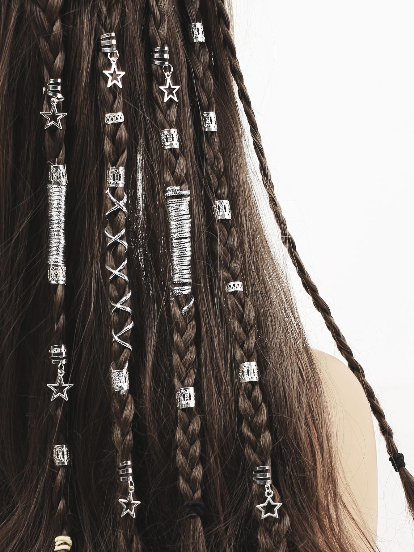 SHEIN 36pcs Silver Metal Hair Bands & Rings Set, Star Shaped Dreadlocks Hair