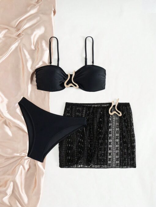 SHEIN 3pcs Set Women Summer Solid Color Metal Decor Tube Top Bikini Set With Skirt - Image 3