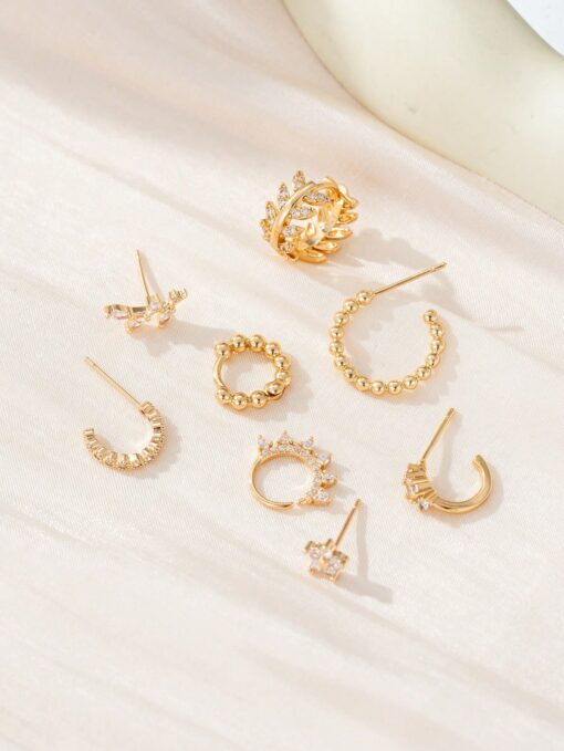 SHEIN 8pcs Exquisite Synthetic Cubic Zirconia Leaf Geometric Ear Clip Stud Earring Set - Image 2