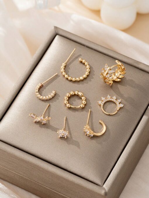 SHEIN 8pcs Exquisite Synthetic Cubic Zirconia Leaf Geometric Ear Clip Stud Earring Set - Image 3