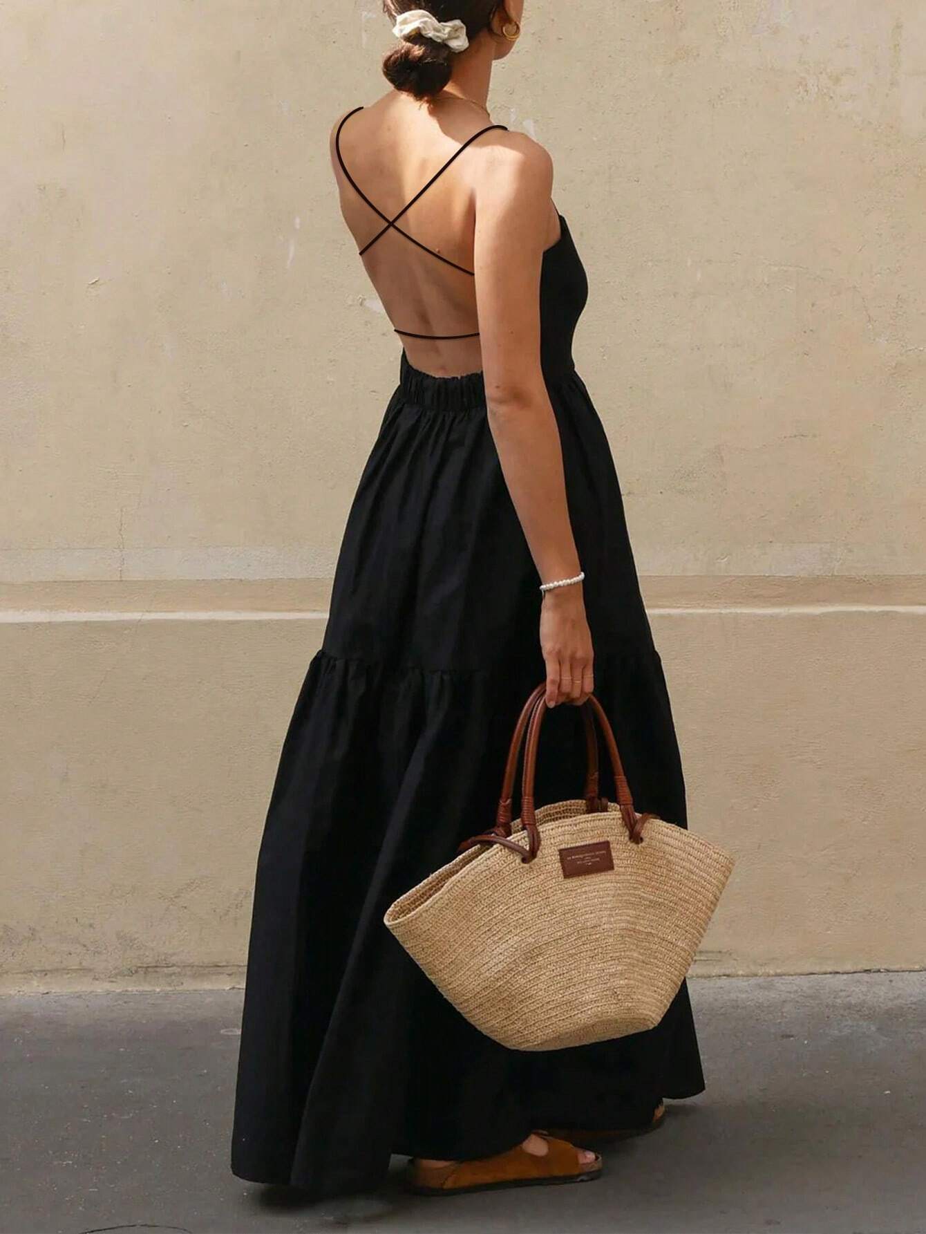 SHEIN INAWLY Women's Solid Color Simple Casual Backless Spaghetti Strap Black Dress - Image 2