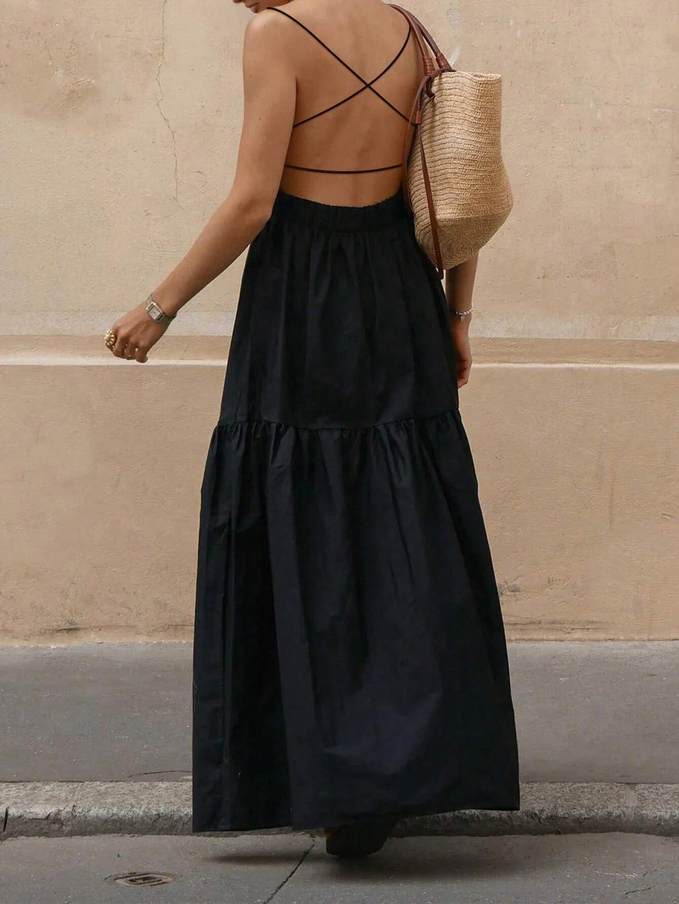 SHEIN INAWLY Women's Solid Color Simple Casual Backless Spaghetti Strap Black Dress - Image 3