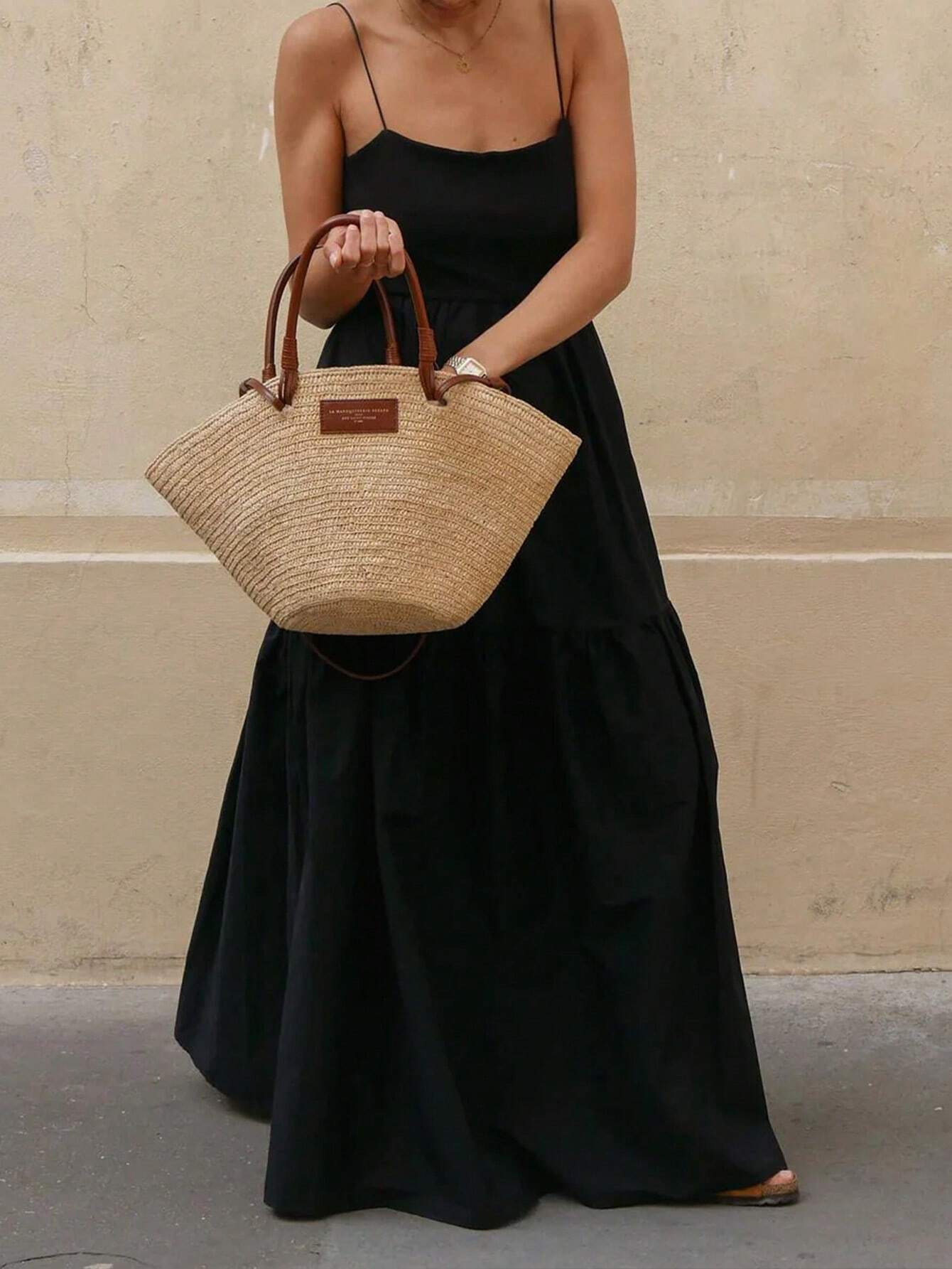 SHEIN INAWLY Women's Solid Color Simple Casual Backless Spaghetti Strap Black Dress