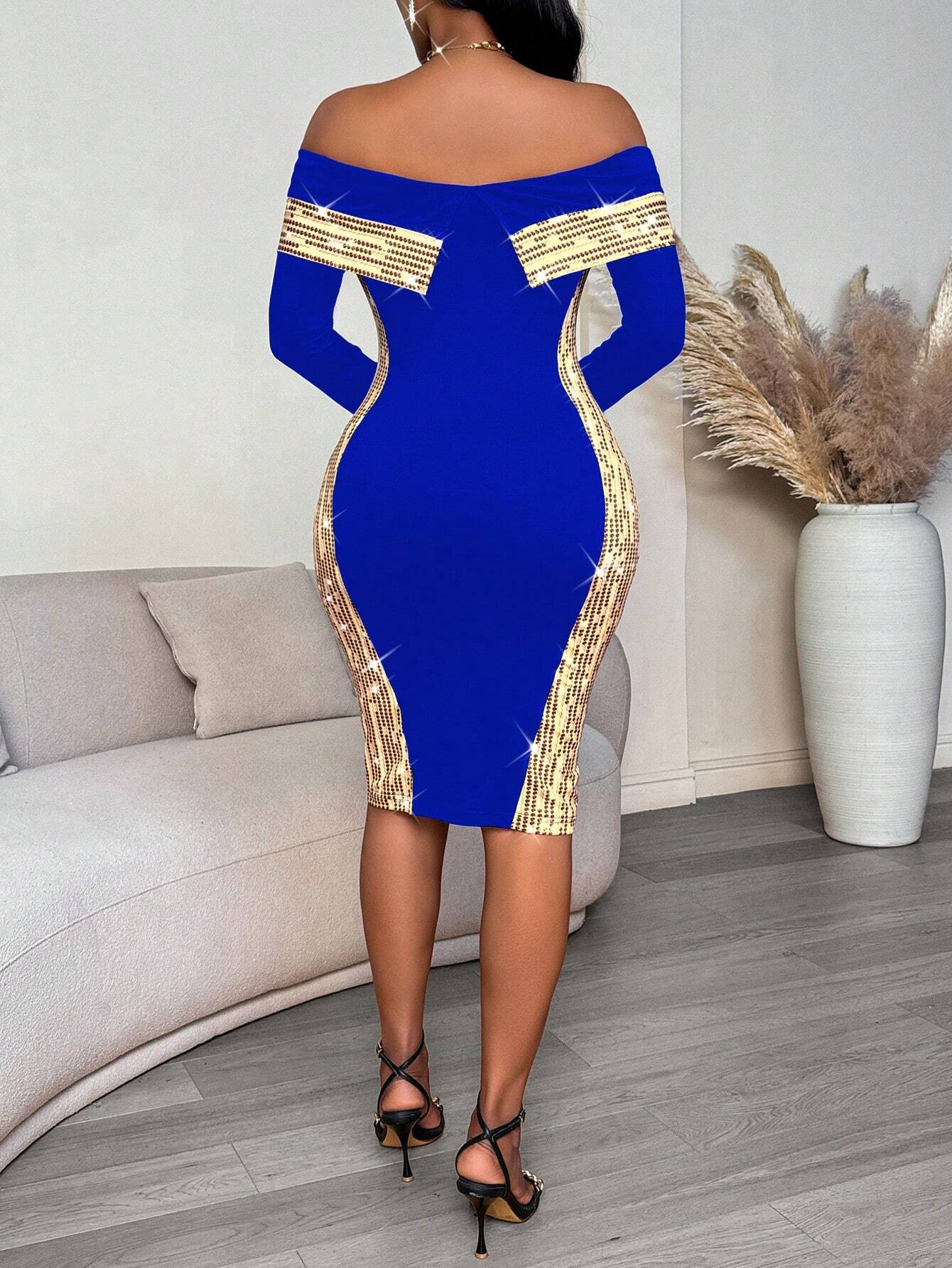 SHEIN Lyxana 1pc Off-Shoulder Patchwork Print Sexy Women Dress - Image 2