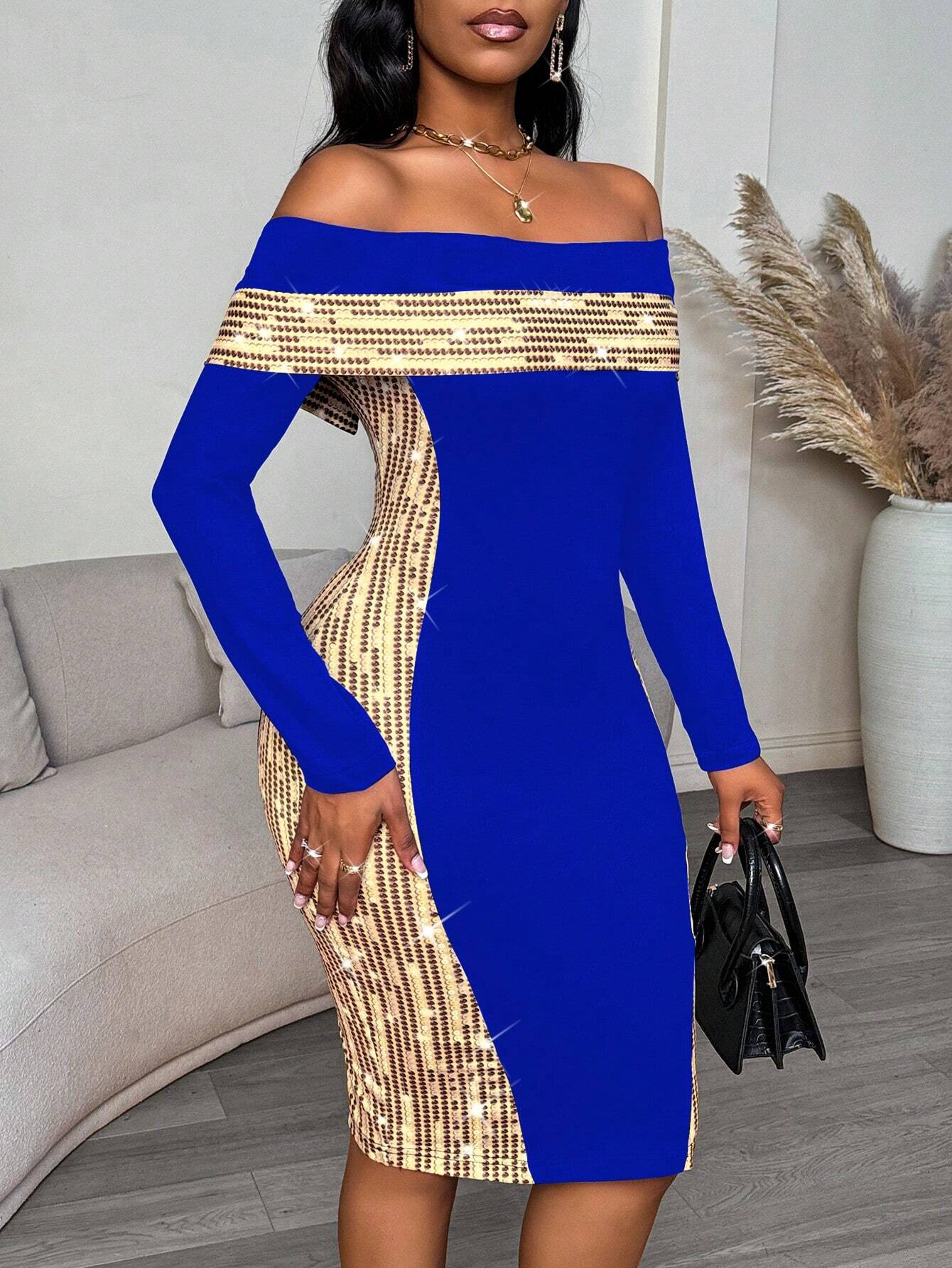 SHEIN Lyxana 1pc Off-Shoulder Patchwork Print Sexy Women Dress - Image 4