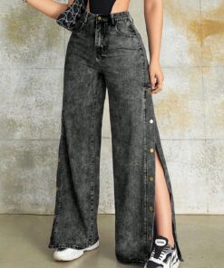 SHEIN Rave Y2K Street Vintage High Waist Metal Buckle Side Slant Pocket Wide Leg Jeans