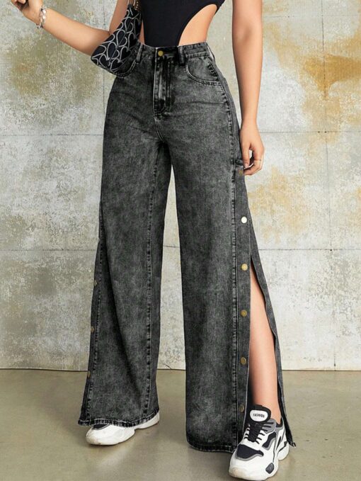 SHEIN Rave Y2K Street Vintage High Waist Metal Buckle Side Slant Pocket Wide Leg Jeans