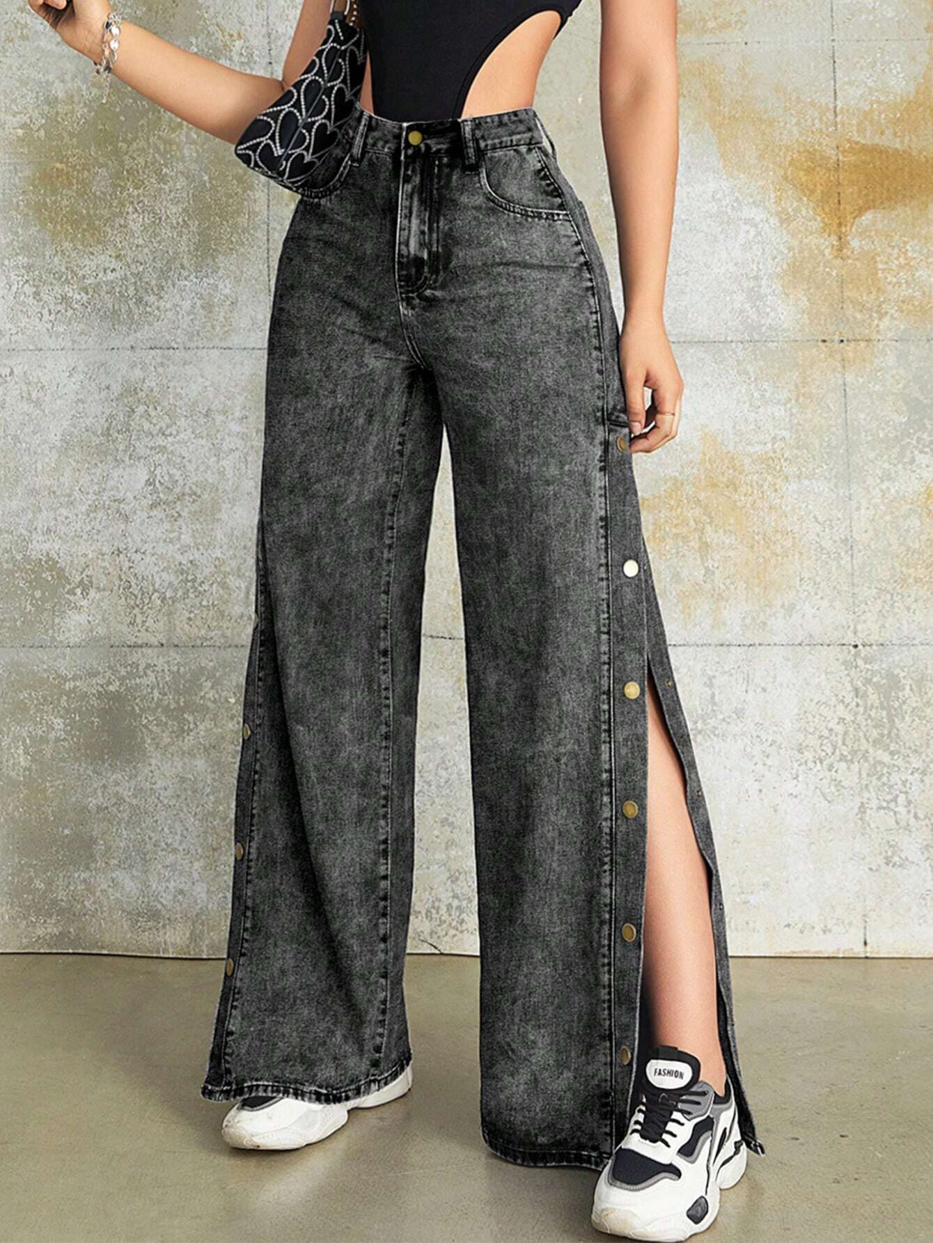 SHEIN Rave Y2K Street Vintage High Waist Metal Buckle Side Slant Pocket Wide Leg Jeans