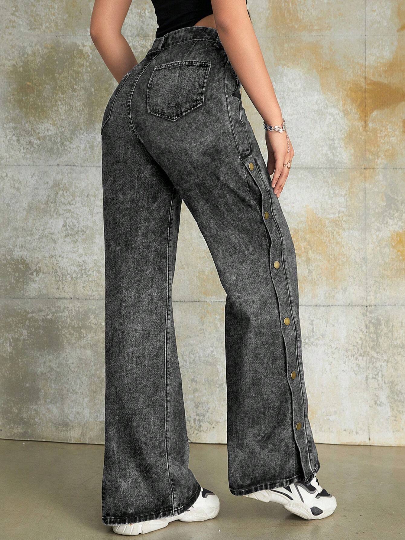 SHEIN Rave Y2K Street Vintage High Waist Metal Buckle Side Slant Pocket Wide Leg Jeans - Image 2