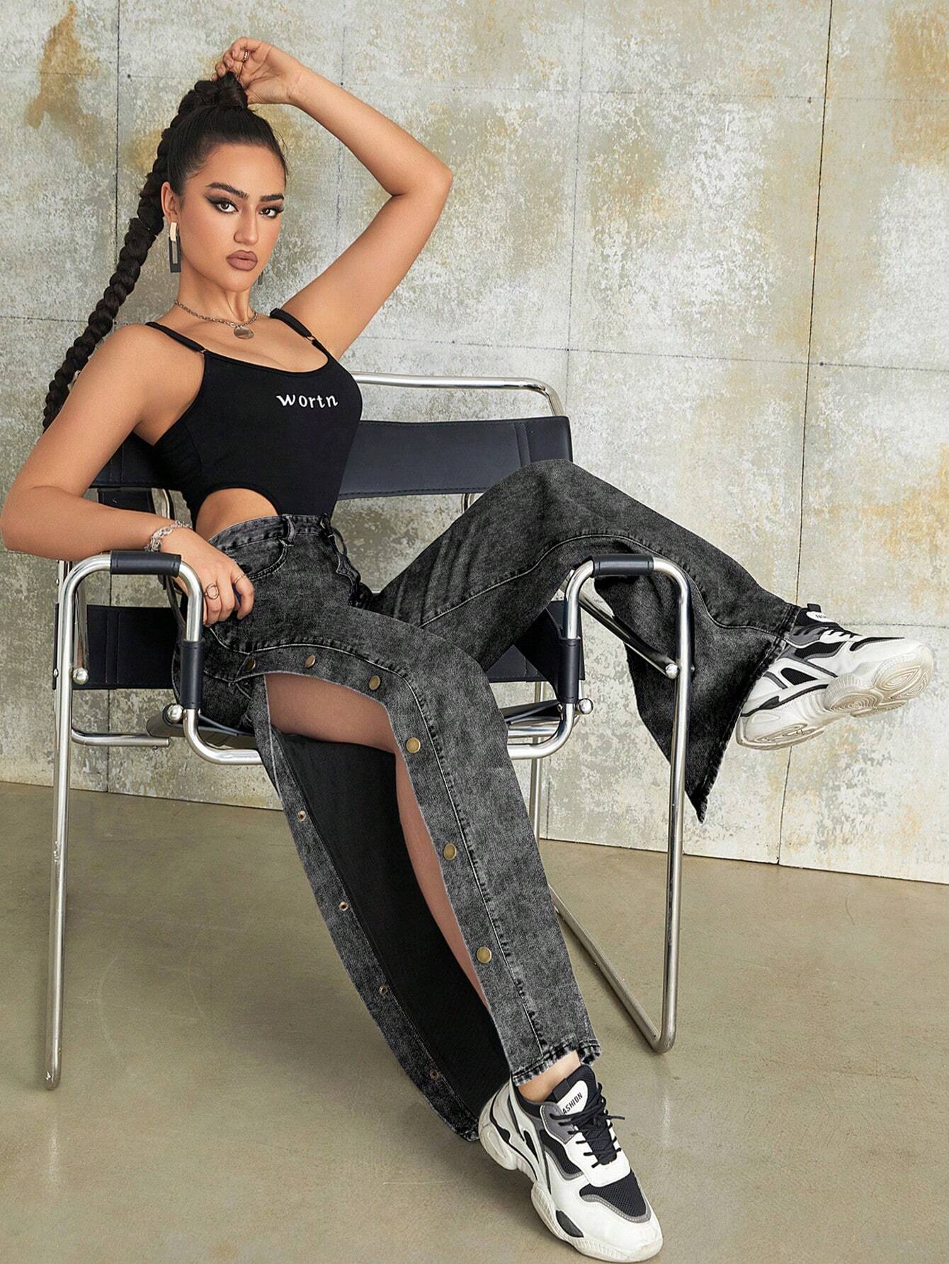 SHEIN Rave Y2K Street Vintage High Waist Metal Buckle Side Slant Pocket Wide Leg Jeans - Image 3