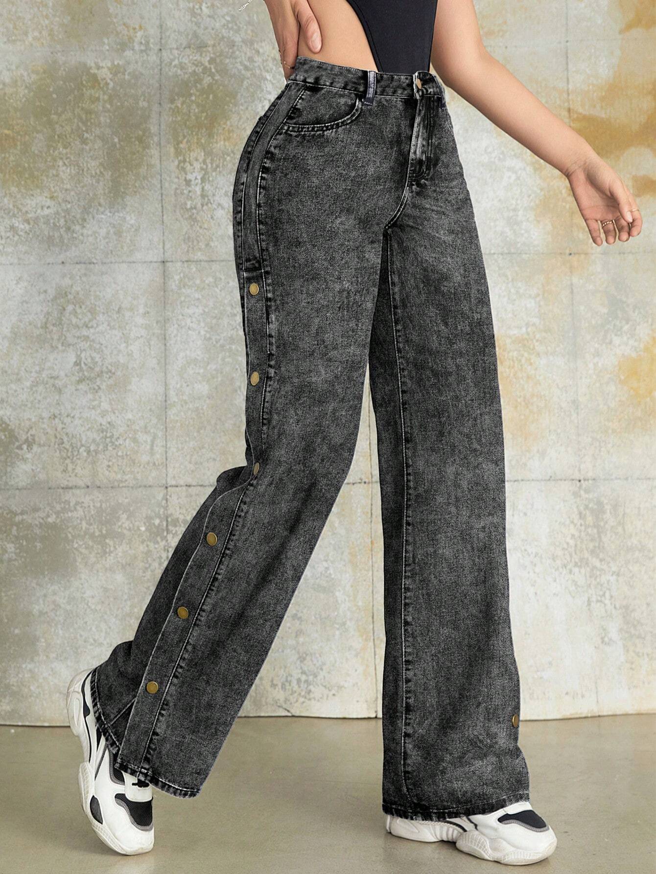 SHEIN Rave Y2K Street Vintage High Waist Metal Buckle Side Slant Pocket Wide Leg Jeans - Image 4
