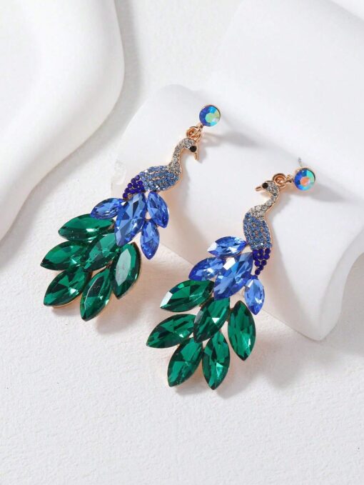 SHEIN 2pcs Vintage Peacock Dangle Earrings For Women Girls Plated Green Crystal