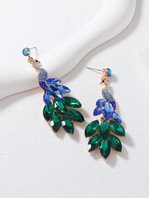 SHEIN 2pcs Vintage Peacock Dangle Earrings For Women Girls Plated Green Crystal