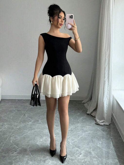 SHEIN Raffinéa Dark And Light Color Block Woven Twill Splicing Organza Design