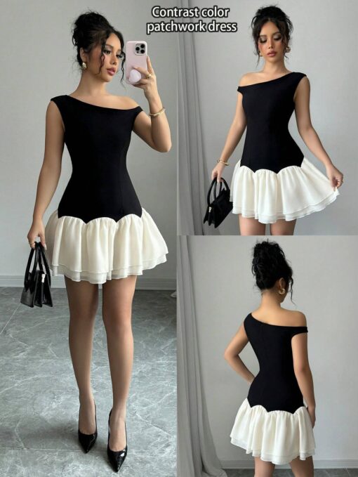 SHEIN Raffinéa Dark And Light Color Block Woven Twill Splicing Organza Design - Image 3