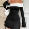 SHEIN EZwear Women Autumn Color-Block Off Shoulder Long Sleeve Casual Mini Dress