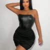 SHEIN Foxxy Solid Ruched Side Tulip Hem PU Leather Tube Bodycon Dress