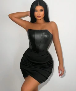 SHEIN Foxxy Solid Ruched Side Tulip Hem PU Leather Tube Bodycon Dress