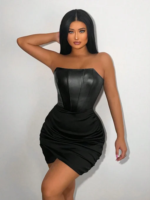 SHEIN Foxxy Solid Ruched Side Tulip Hem PU Leather Tube Bodycon Dress