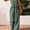 SHEIN Frenchy Women's Solid Color Front Button Sleeveless Blouse And Long Pants