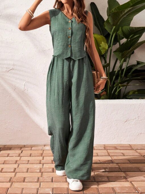 SHEIN Frenchy Women's Solid Color Front Button Sleeveless Blouse And Long Pants