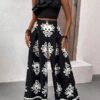 SHEIN Holidaya 2pcs/Set Ruffled Trim Asymmetric Sling Top And Hawaiian Pattern Flared Pants