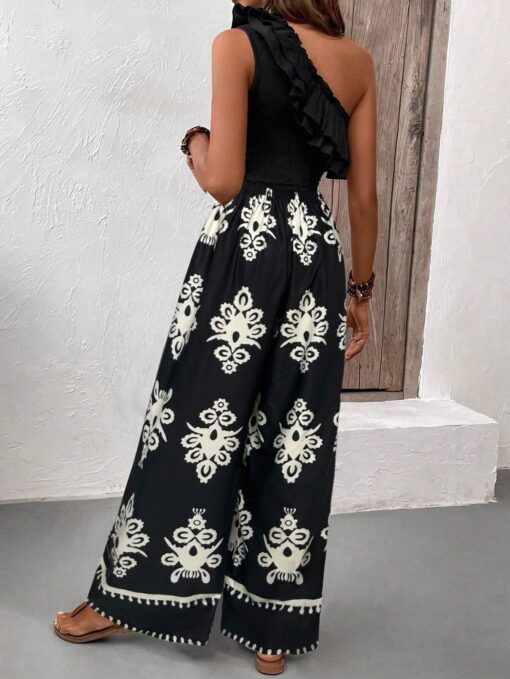 SHEIN Holidaya 2pcs/Set Ruffled Trim Asymmetric Sling Top And Hawaiian Pattern Flared Pants - Image 2