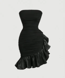 SHEIN MOD Black Strapless Mesh And Asymmetric Pleated Short Women's Dress