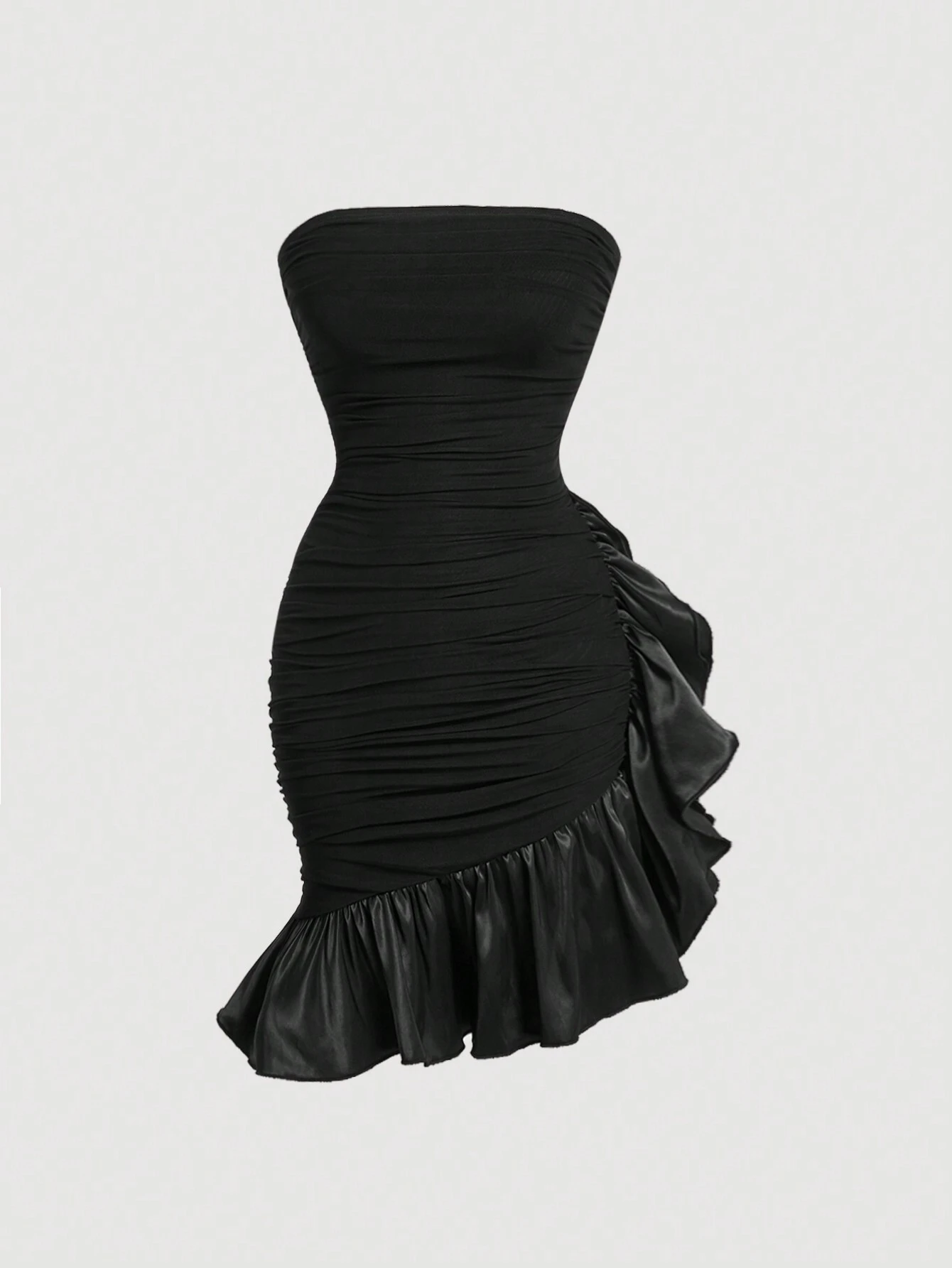 SHEIN MOD Black Strapless Mesh And Asymmetric Pleated Short Women's Dress