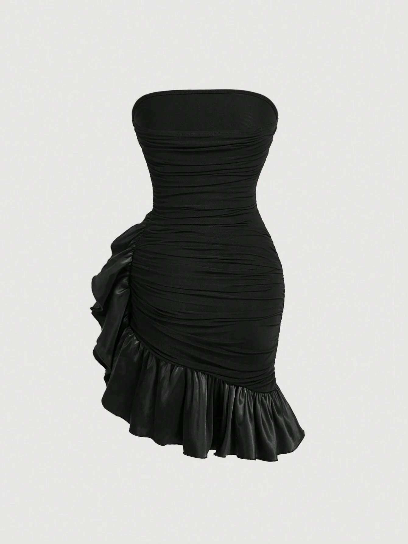 SHEIN MOD Black Strapless Mesh And Asymmetric Pleated Short Women's Dress - Image 2