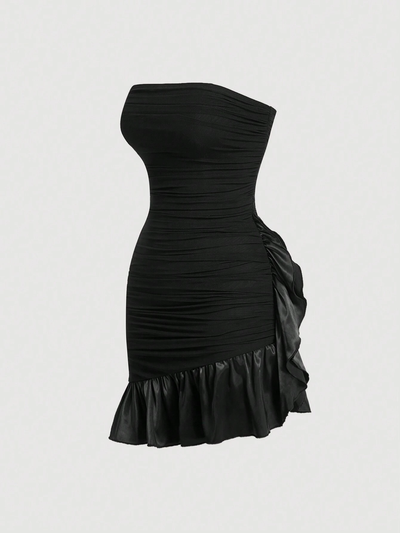 SHEIN MOD Black Strapless Mesh And Asymmetric Pleated Short Women's Dress - Image 3