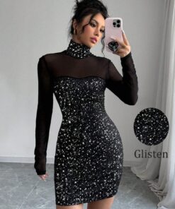SHEIN Raffinéa Women's French High Neck Sequin Mesh Overlay Dress