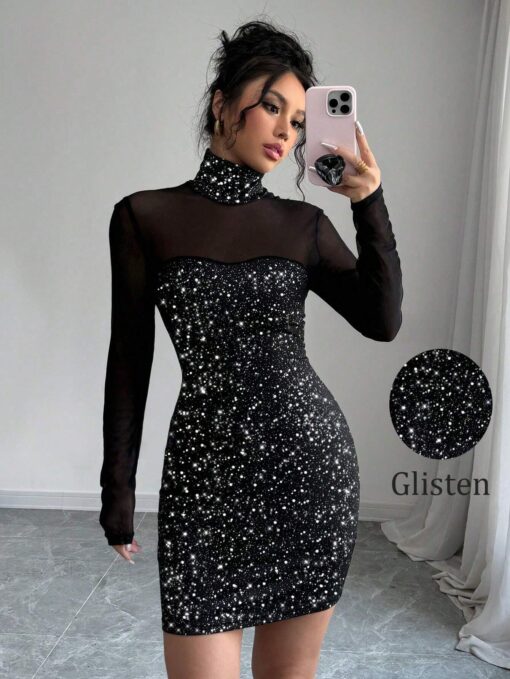 SHEIN Raffinéa Women's French High Neck Sequin Mesh Overlay Dress