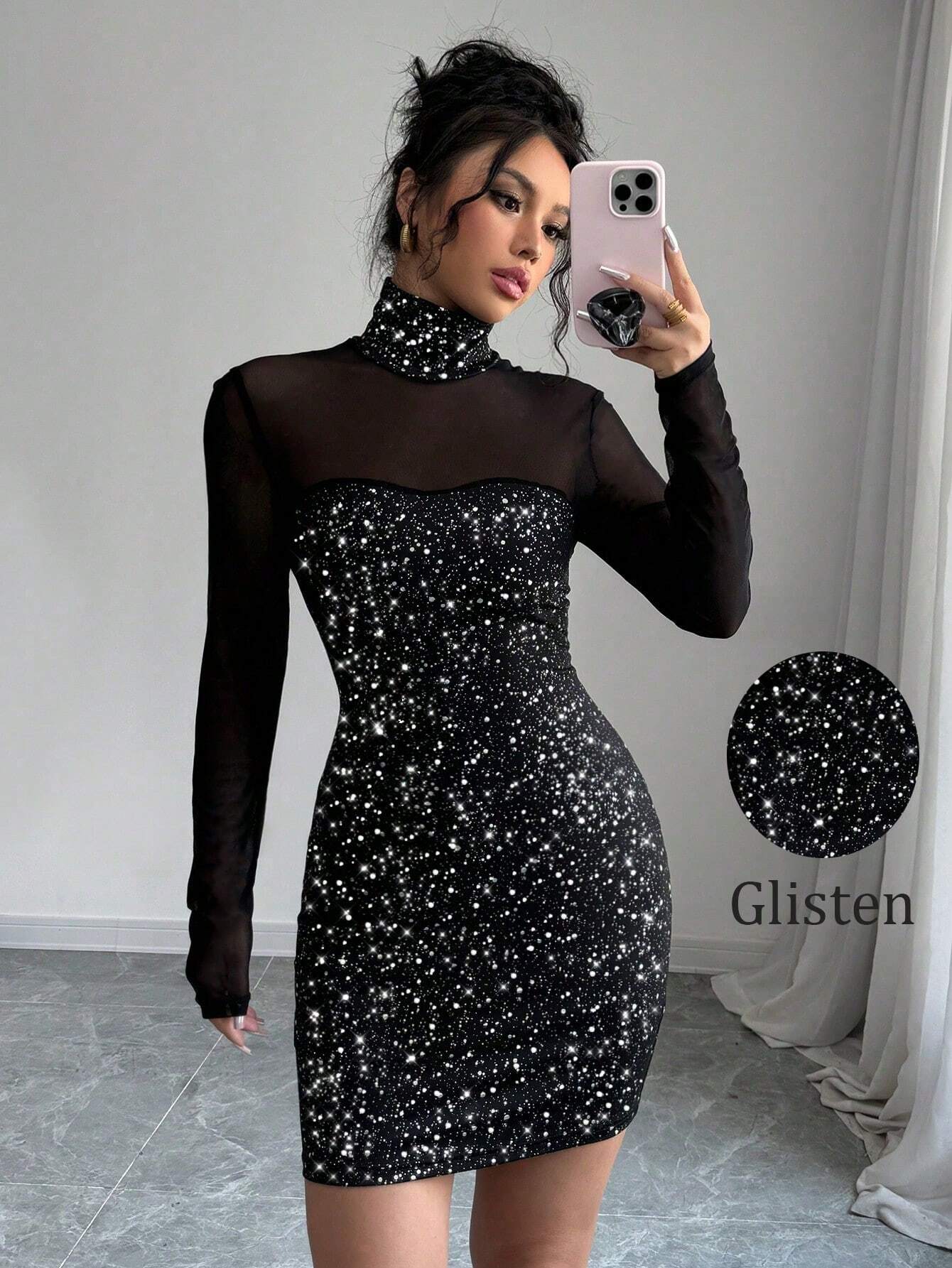 SHEIN Raffinéa Women's French High Neck Sequin Mesh Overlay Dress