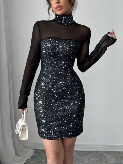 SHEIN Raffinéa Women's French High Neck Sequin Mesh Overlay Dress - Image 3