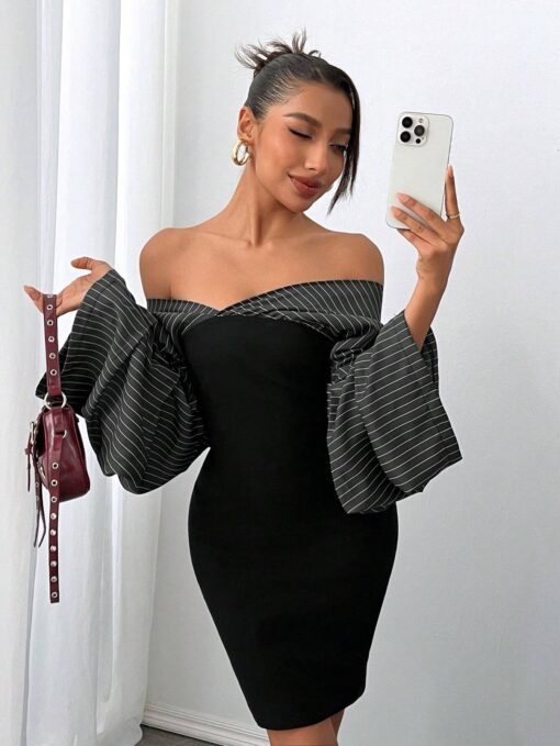 SHEIN SXY 1pc Off-Shoulder Striped Bandeau Mini Dress - Image 3