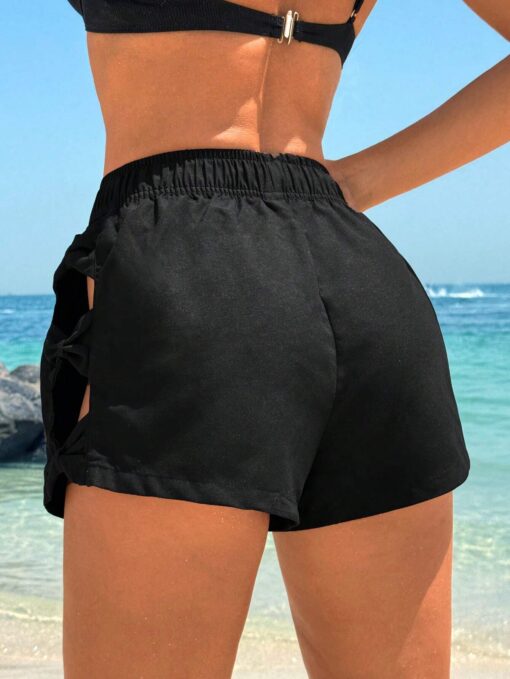 SHEIN Swim Vcay Women's Solid Color Bow Tie Casual Beach Shorts