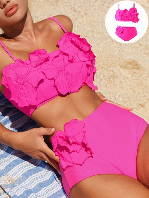 SHEIN Swim Women's Summer Beach Hot Pink Solid Color 3D Flower