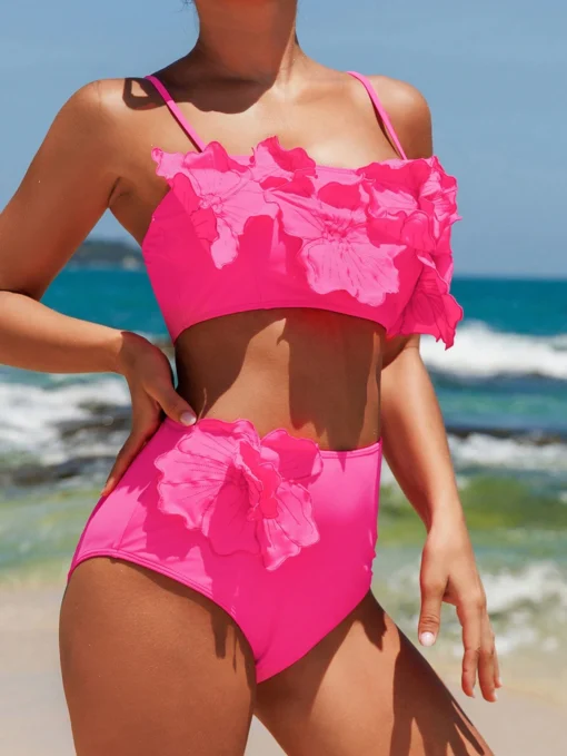 SHEIN Swim Women's Summer Beach Hot Pink Solid Color 3D Flower - Image 3
