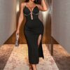 SHEIN VaVaLuxe Sexy Glittery Strappy Hollow Out Slit Dress