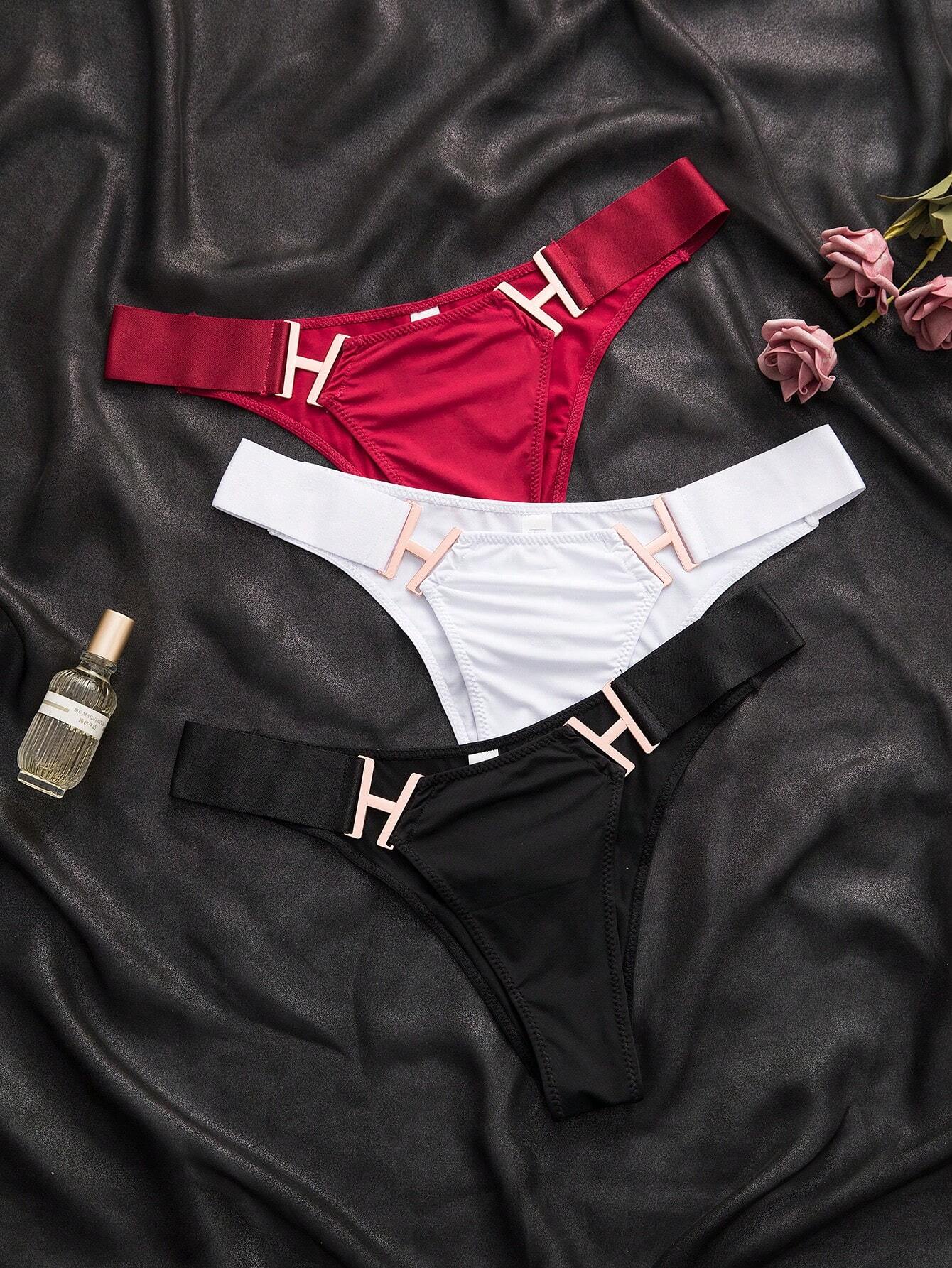 Shein Underwear&Sleepwear Basics 3pack Solid Metal Decoration Panty