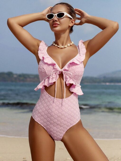 SHEIN Swim Mod Ladies' Beach Vacation Solid Color Jacquard Ruffle Trim One-Piece - Image 4