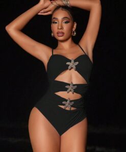 SHEIN Swim Vcay Women's Hollow Star Decor Solid Color Bodysuit