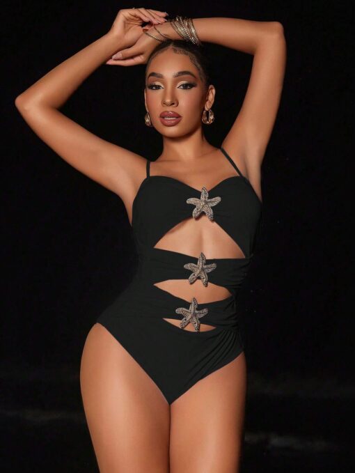 SHEIN Swim Vcay Women's Hollow Star Decor Solid Color Bodysuit