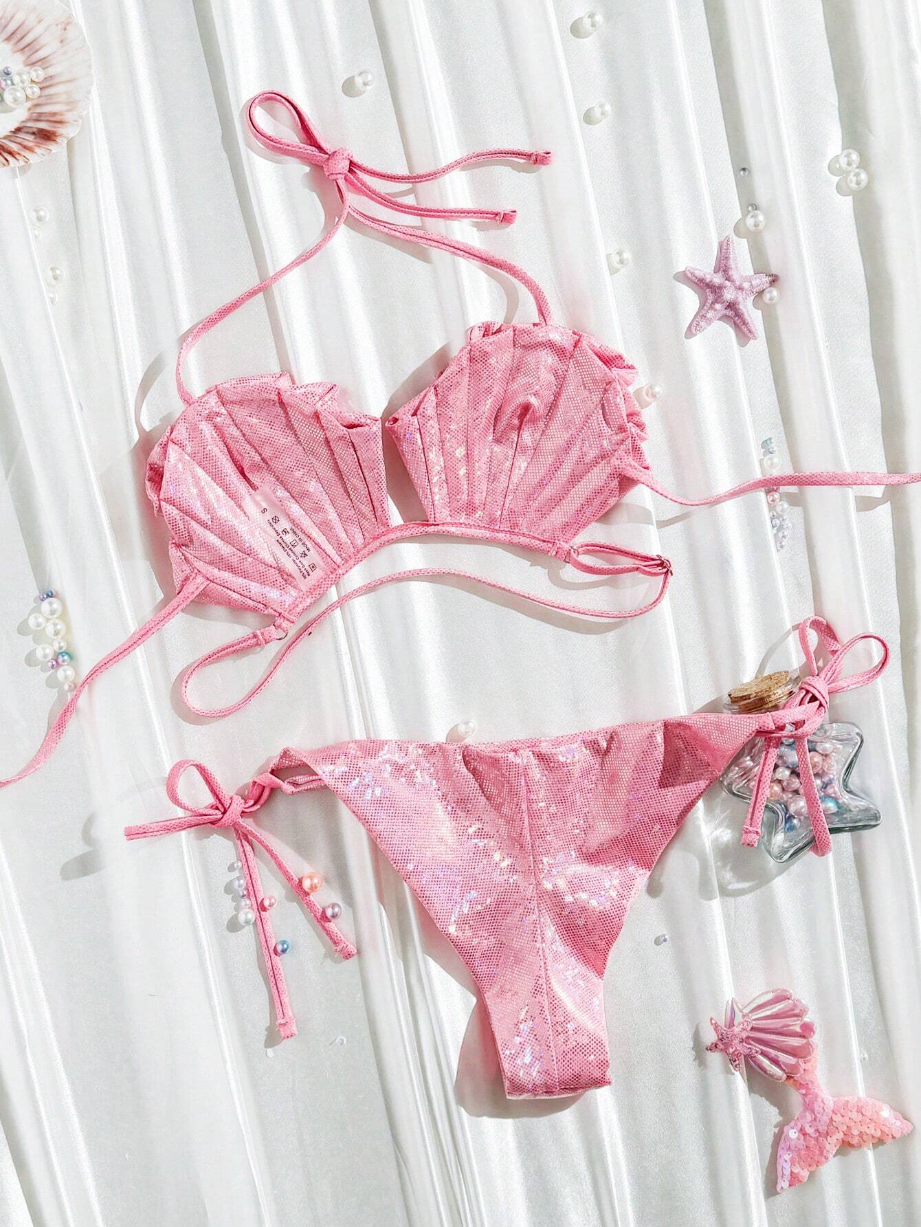 SHEIN Swim Vcay Women's Shell Design Bikini Top With Silver Foil Decor - Image 3